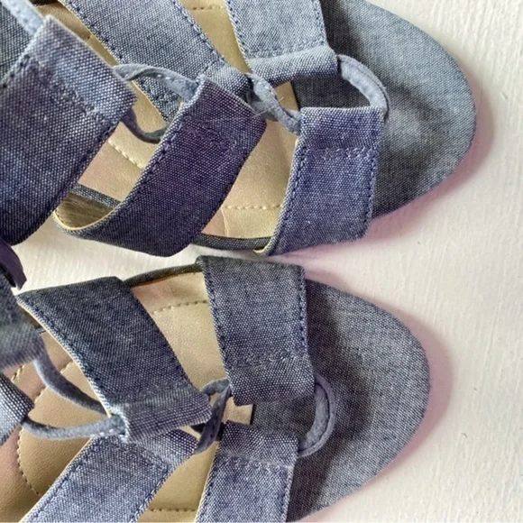 Bandolino Lace Up Denim Wedge Sandals - Picture 4 of 12